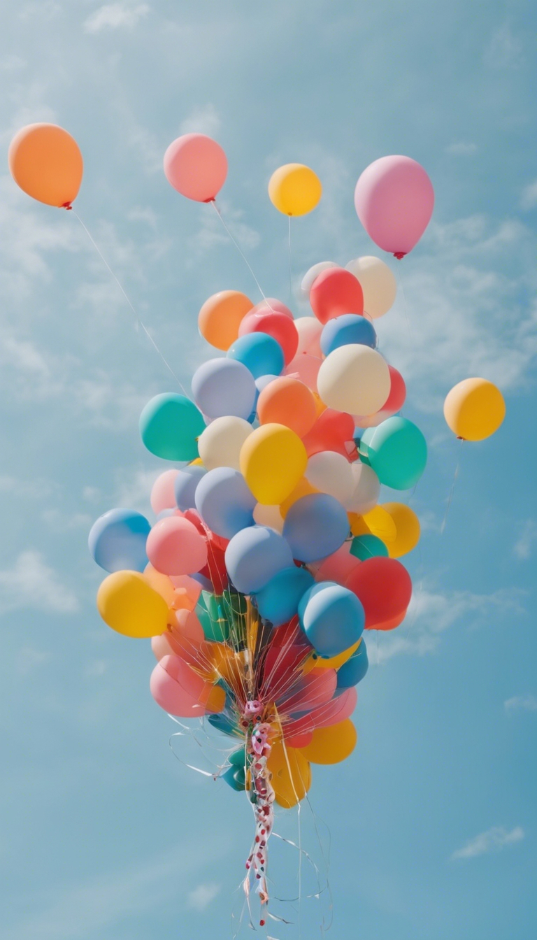 A bunch of brightly colored helium balloons with polka dots, set against a blue sky. Валлпапер[290b819e43674aa2bf4e]