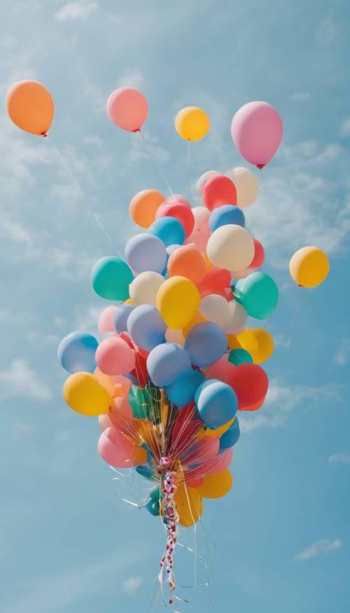 Um monte de balões de hélio coloridos com bolinhas, contra um céu azul.