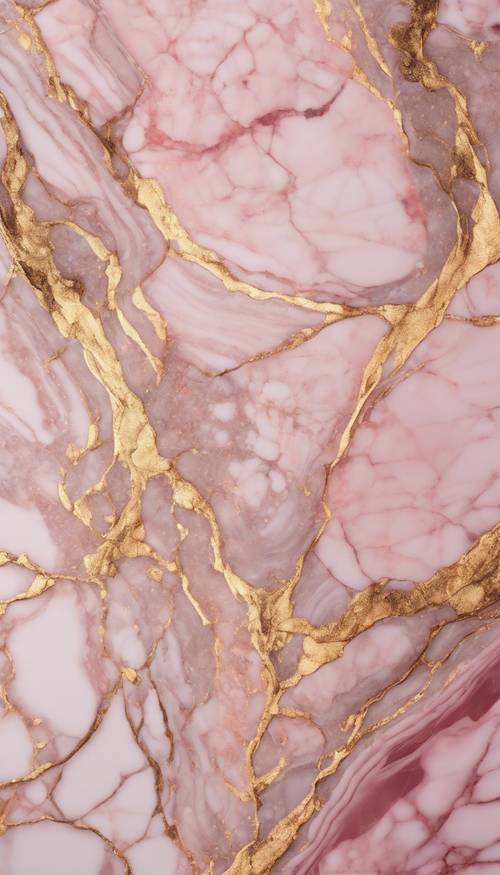 Un gros plan extrême de veines dorées qui s’entrelacent magnifiquement à travers une dalle de marbre rose.