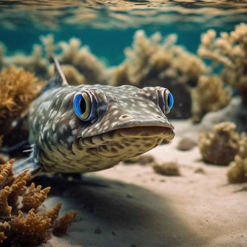 A dusky flathead lurking silently in the sandy seabed, camouflaged amongst rocks and aquatic plants. Tapet [464e29b04fdd4c50b9be]