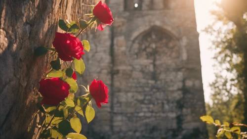 Wild red roses climbing the worn stone wall of an abandoned Gothic tower, the scenery bathed in soft, golden sunlight.
