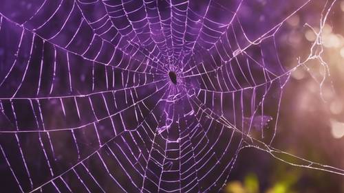 Laba-laba besar menjalin jaring, memancarkan cahaya ungu yang dingin.