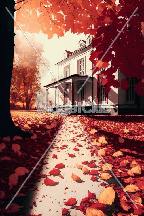 紅葉と白い家のシーン壁紙
