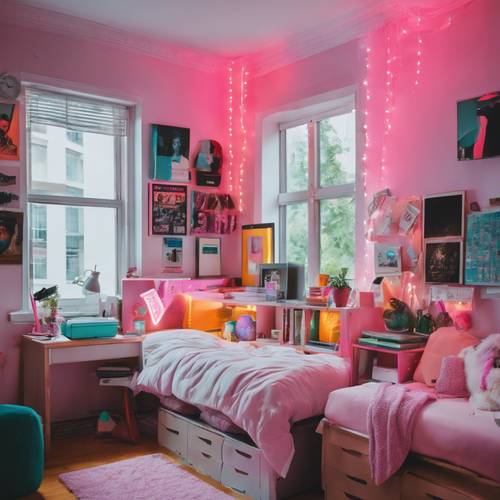 Ein adrettes Studentenwohnheimzimmer mit neonfarbenen Schreibwaren und Bettwäsche.