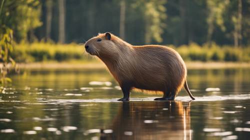 Sakin bir gölün kıyısında sabahın erken saatlerinde güneşin tadını çıkaran bir kapibara.