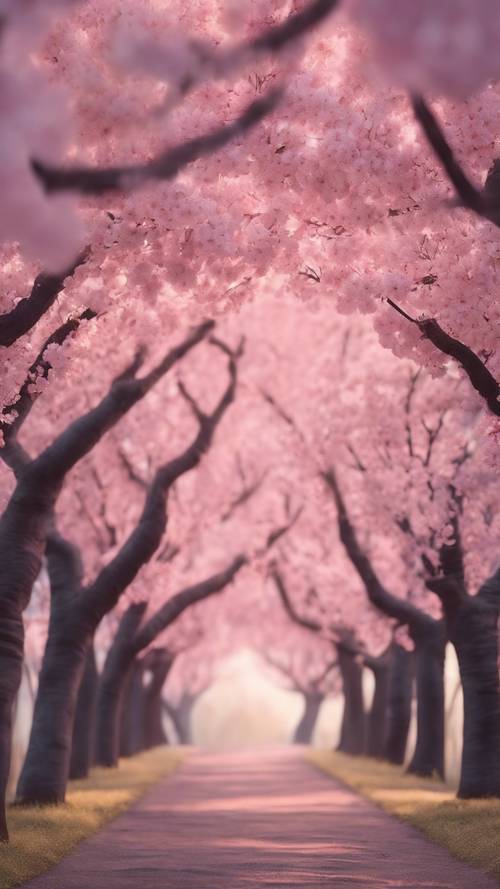 Un paisaje mágico de ensueño de una avenida de cerezos en flor de color rosa suave bajo un romántico cielo oscuro.