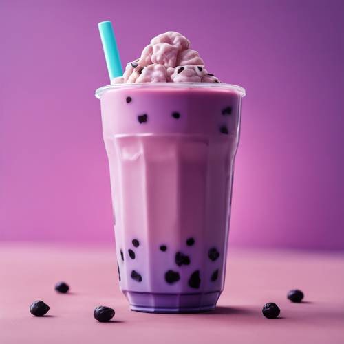 A vibrant illustration of a purple milk tea with boba on a pastel background.