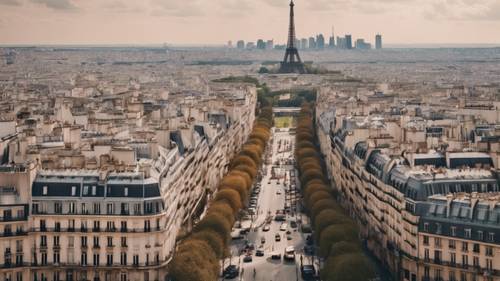 Widok na panoramę Paryża w stylu vintage, którego urok podkreśla słynna Wieża Eiffla.