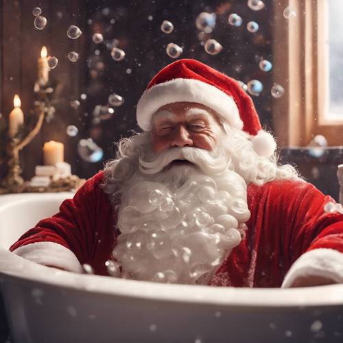 Santa Claus enjoying a warm bubble bath in his house at the North Pole, after his Christmas Eve delivery.