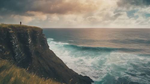 A solitary figure standing at the edge of a cliff, gazing into a stormy sea, with the quote 'Depression is being colorblind and constantly told how colorful the world is' artfully written in the sky. Tapetai [cd875626cf0b42daaa5a]