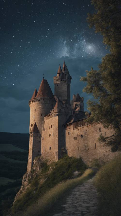 قلعة من العصور الوسطى يغمرها ضوء القمر تحت سماء مرصعة بالنجوم.