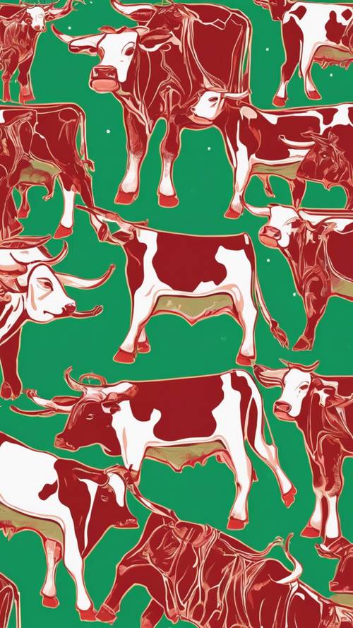 Un art abstrait présentant des motifs de vaches verts terreux et rouges vibrants.