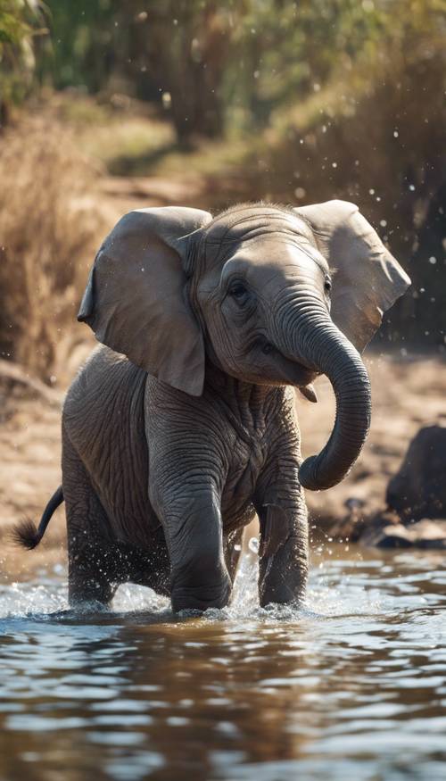 Seekor bayi gajah dengan gembira bermain air di sungai pada hari yang cerah.