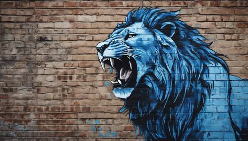 A striking graffiti of a roaring blue lion on an urban brick wall. Tapet [55b5bca46e1744e1a4e3]