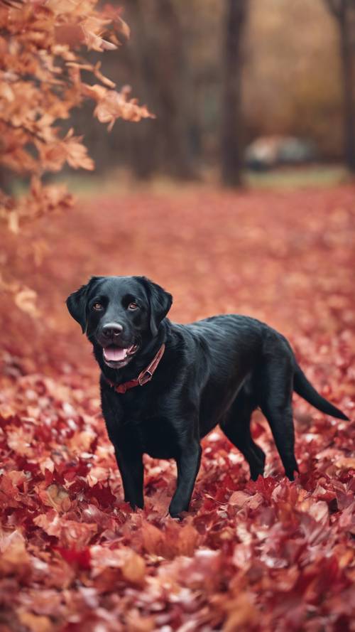 Kıvırcık saçlı siyah bir Labrador, bordo renkli sonbahar yapraklarıyla dolu bir tarlada sevinçle hopluyor.