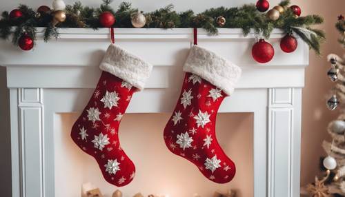 A pair of simple felt Christmas stockings hanging on a clean white mantle