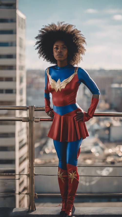 Ein schwarzes Mädchen in einem Superheldenkostüm steht selbstbewusst auf einem hohen Gebäude.