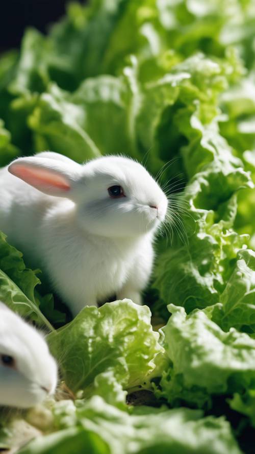 여러 마리의 하얀 아기 토끼가 신선한 녹색 양상추를 먹고 있습니다.