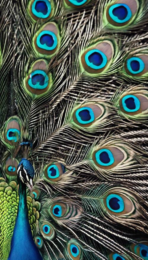 近距离观察蓝孔雀的羽毛，呈现出复杂的图案。