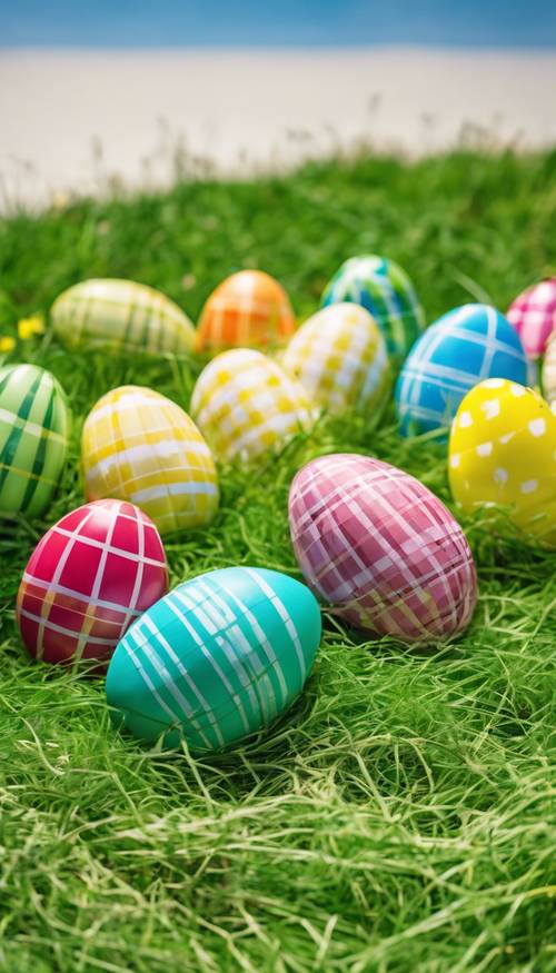 A row of cute, colorful plaid Easter eggs arranged in fresh green grass under a clear blue sky.