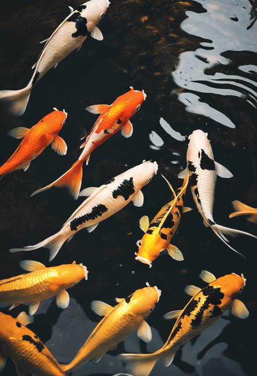 Lindos peixes koi pretos e dourados nadando em uma lagoa.