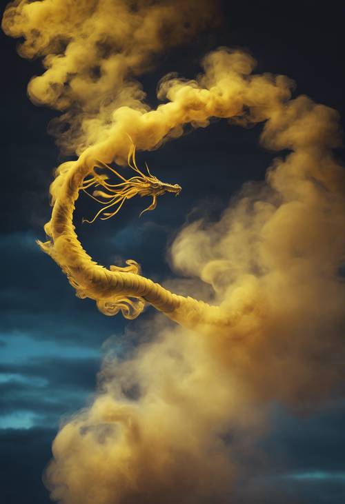 Yellow smoke coiling like a dragon in flight against a background of moody twilight blues.