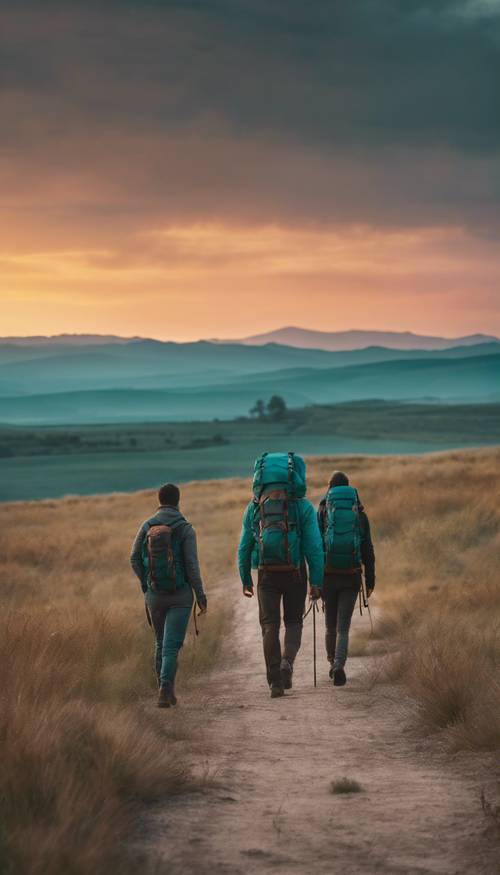Excursionistas cruzando una llanura verde azulada bajo una espectacular puesta de sol.