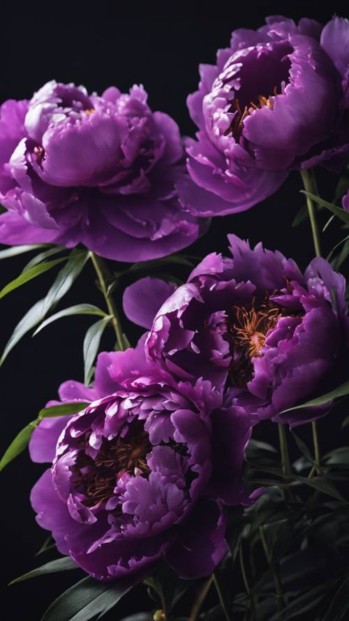 A close up of dark purple peonies in full bloom against a black midnight background.