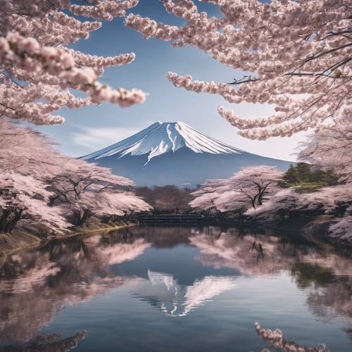 富士山的復古景色，周圍環繞著倒映在湖中的櫻花。