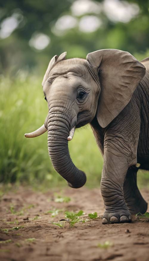 فيل صغير محبب بابتسامة مرحة يتجول في السافانا الخضراء المورقة.