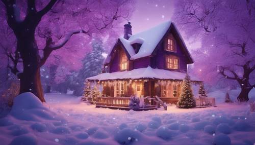 Un grazioso cottage ricoperto di neve, illuminato dalla calda luce viola delle finestre, che riecheggia lo spirito del Natale.