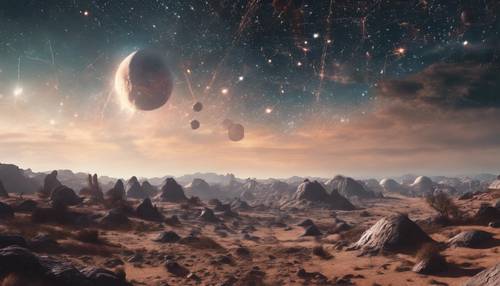 Một khung cảnh ngoài trái đất dưới bầu trời xa lạ chứa đầy các chòm sao nước ngoài.