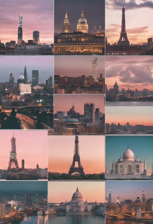 A pastel cityscape collage showcasing iconic international landmarks at dusk. Tapetai [876ccde511944004b20c]