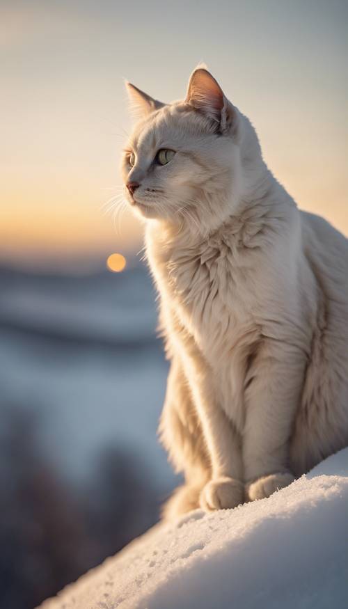 빛나는 겨울 달의 역광을 받으며 눈 덮인 언덕 꼭대기에 앉아 있는 장엄한 크림색 고양이.