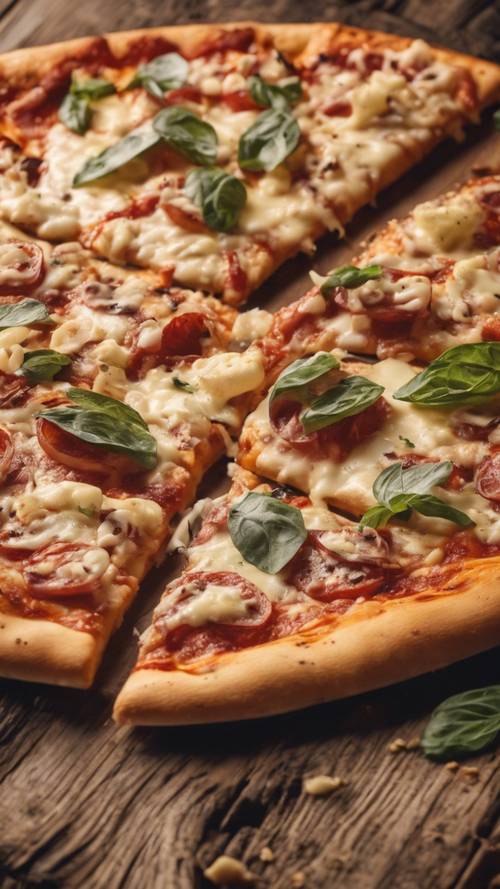 在质朴的木板上放有混合了不同奶酪的家庭装披萨。