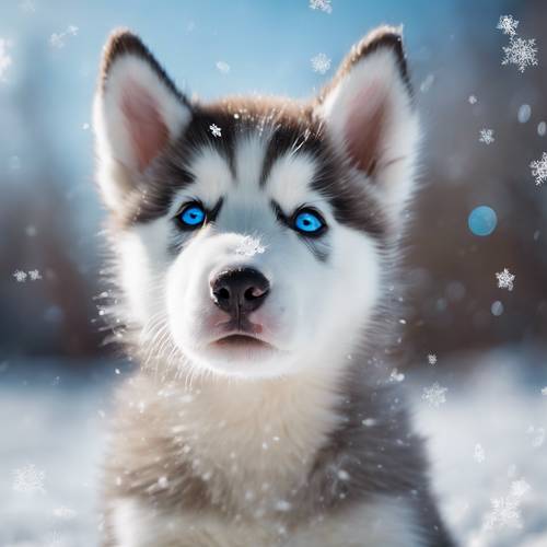 גור האסקי סיבירי עם עיניים כחולות בהירות מהופנט מפתית שלג שנוחת על אפו.