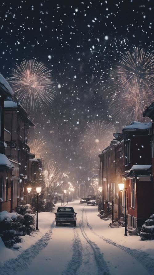 Un pequeño pueblo estético cubierto de nieve a medianoche celebrando el año nuevo con fuegos artificiales.