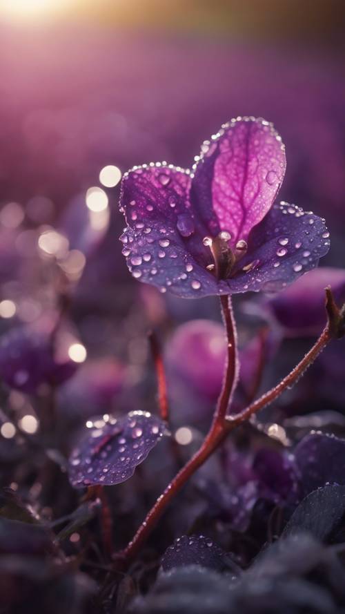 柔和的早晨阳光下，覆盖着露珠的紫色花瓣的特写。