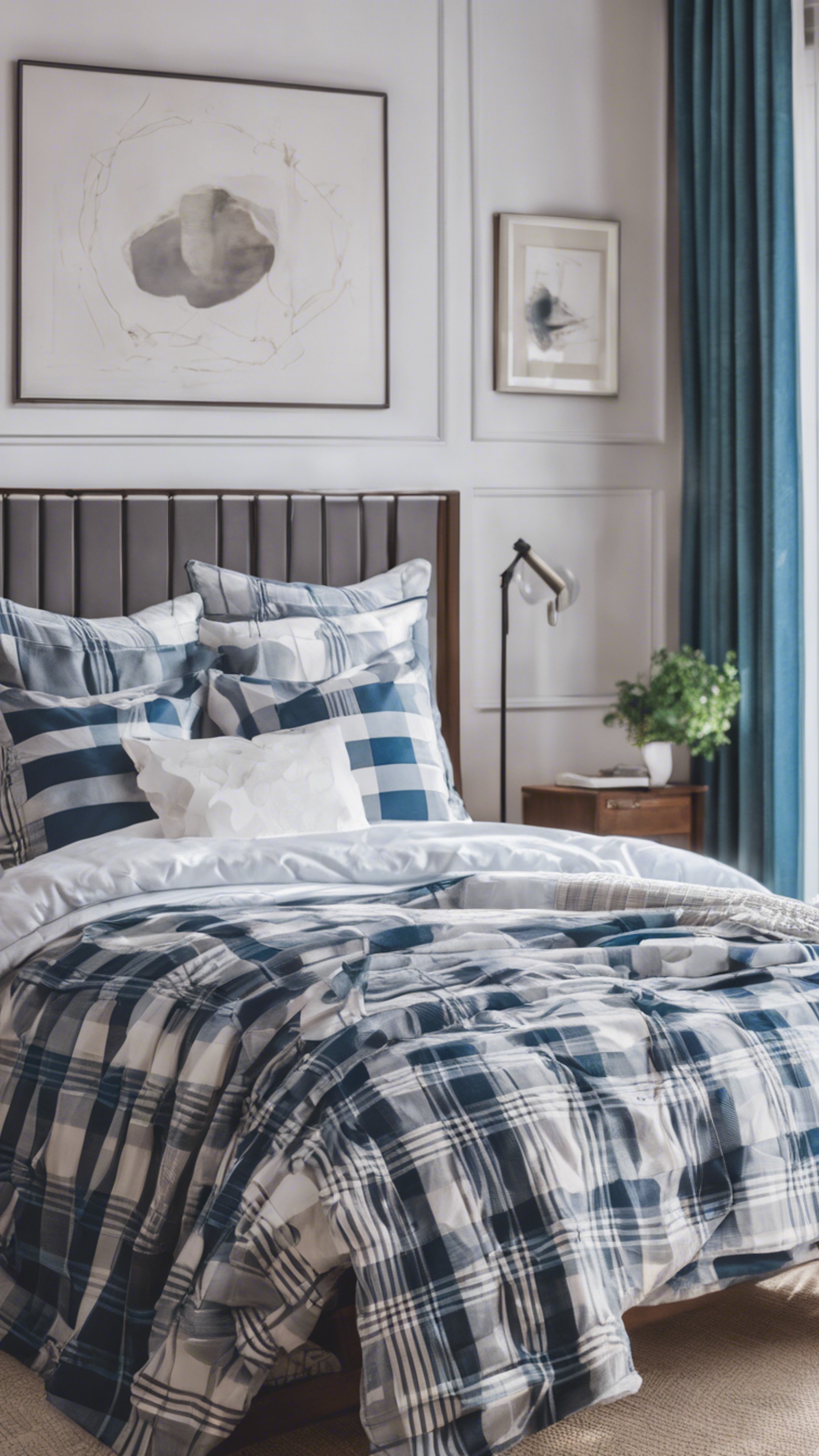 A preppy style bedroom with blue and white plaid bedding on a crisp white bed.壁紙[948866b313a64ea69f8f]