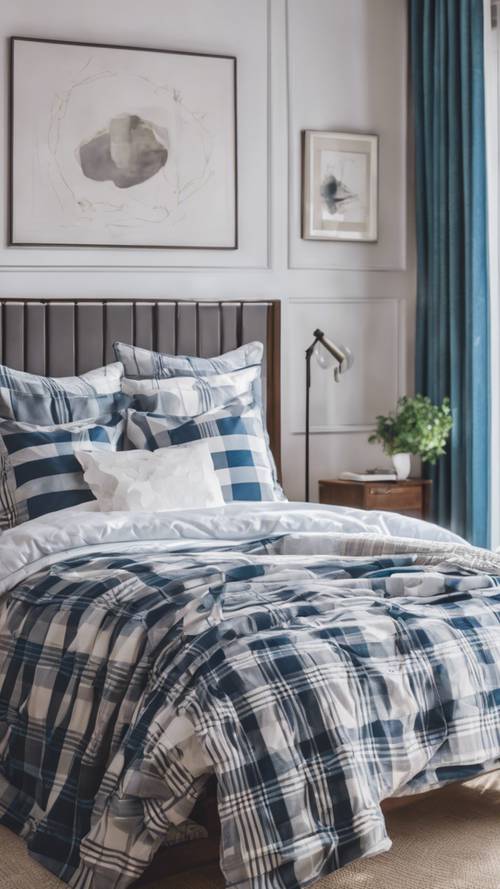 Un dormitorio de estilo preppy con ropa de cama a cuadros azules y blancos sobre una cama blanca impecable.