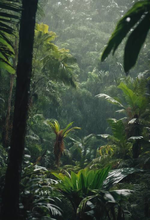 A tropical rainforest brimming with exotic wildlife during a rainy afternoon.