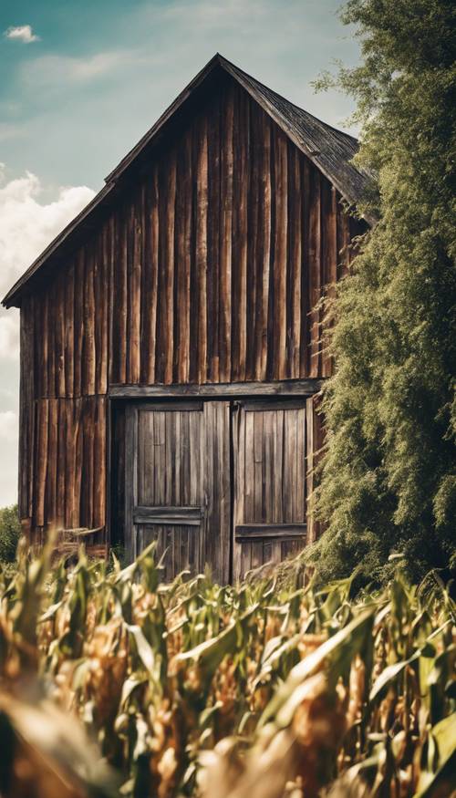 A classic wooden barn with a weathered feel, standing proudly against the backdrop of rich corn fields under a blue summer sky. Divar kağızı [b8e53bb5d4a64c61abb4]