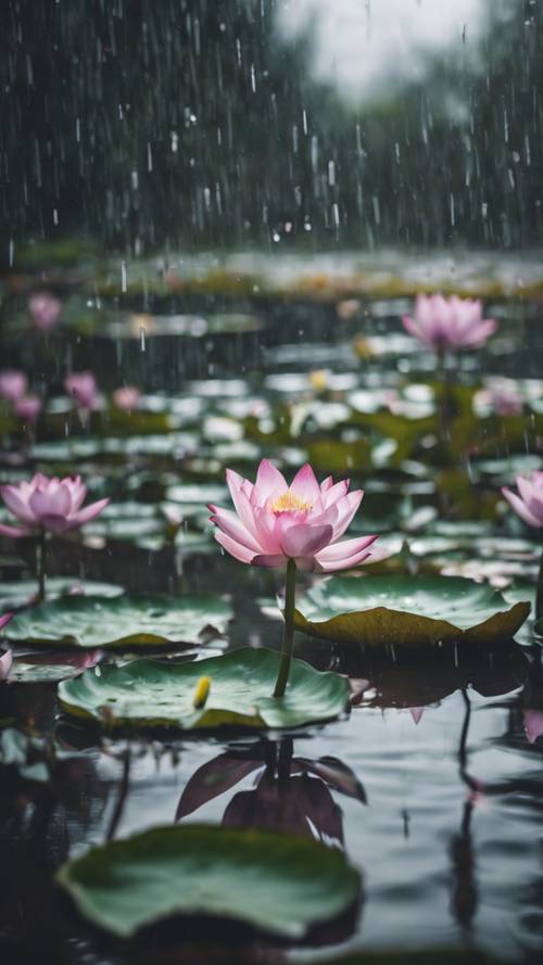 A light spring drizzle over a pond, causing ripples around lily pads and blossoming lotus flowers.