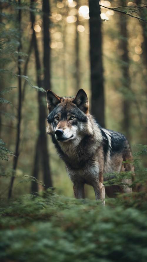 Um lobo patrulhando seu território em uma densa floresta verde esmeralda ao anoitecer, seus frios olhos azuis alertas e focados.