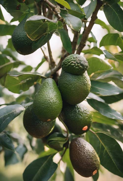 Дерево авокадо в течение дня, на котором растут многочисленные спелые авокадо, готовые к сбору.