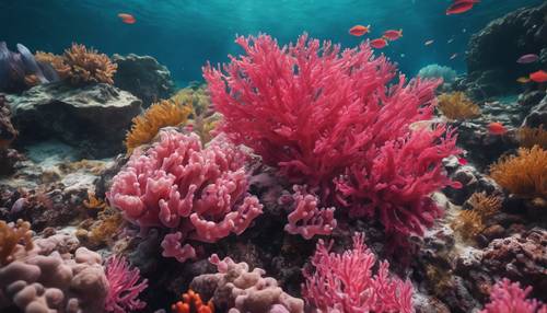 Berrak okyanus suyunun altında canlı pembe ve kırmızı mercan kayalığı.