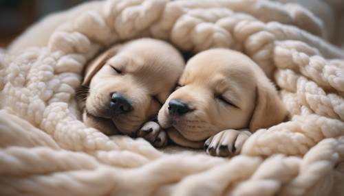 Anak anjing Labrador yang baru lahir tidur dengan damai meringkuk di atas permadani yang nyaman.
