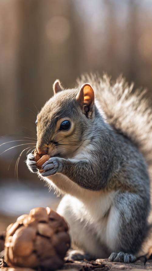 A tiny gray squirrel eating an acorn, drawn in a cute, anime style. Tapet [336ae5c849e148249585]
