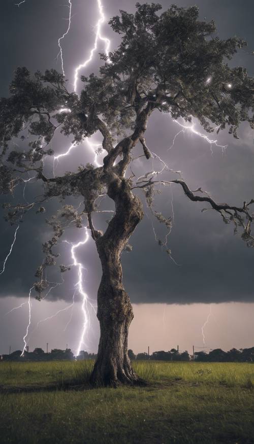 Ein üppiger grauer Baum wird mitten in einem Sturm vom Blitz getroffen.