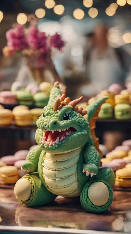 Um adorável dragão rechonchudo e fresco, com corpo feito de macarons de diversos sabores, colocados delicadamente sobre o balcão de uma confeitaria.